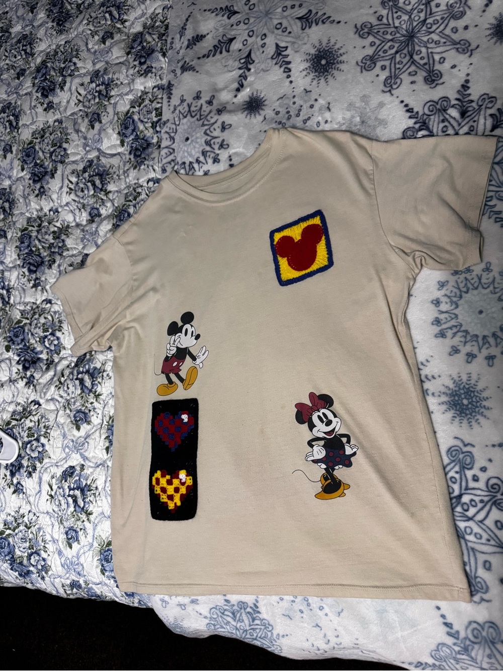 Disney Beige Kids T-Shirt with Mickey & Minnie Patches